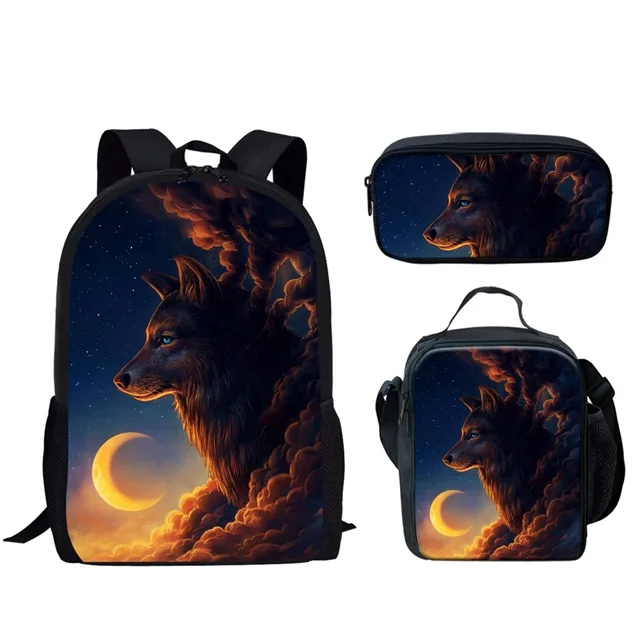 Bolsa escolar lobo e lua 3D para adolescente, animal legal, mochila casual para homens, bolsa de ombro dupla para crianças, mochila infantil, menino