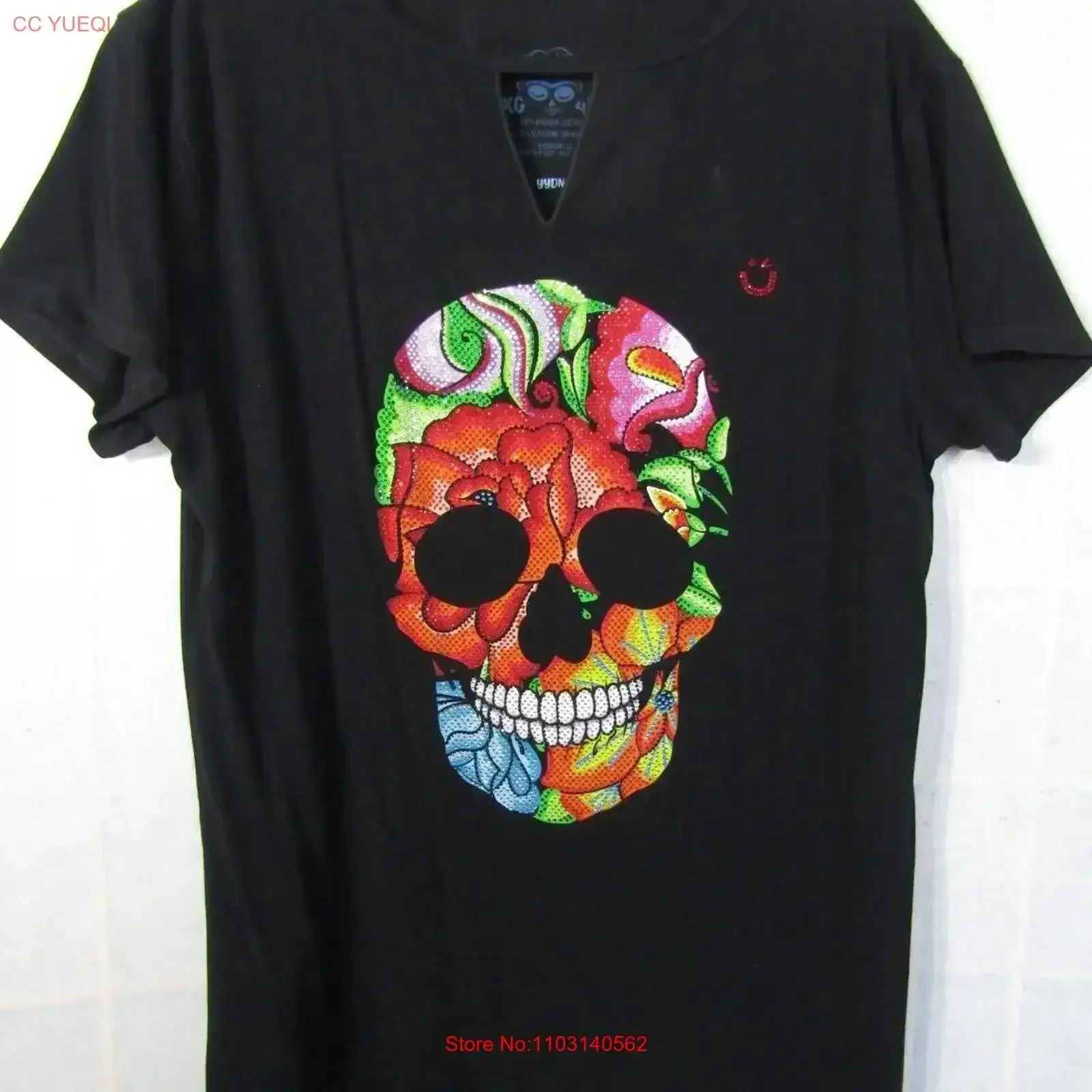 Jay Guey Skull Sequin Sparkly Round Neck Black T Shirt Women's 4XL vintage Washed fashion designer clothes Casual vintage