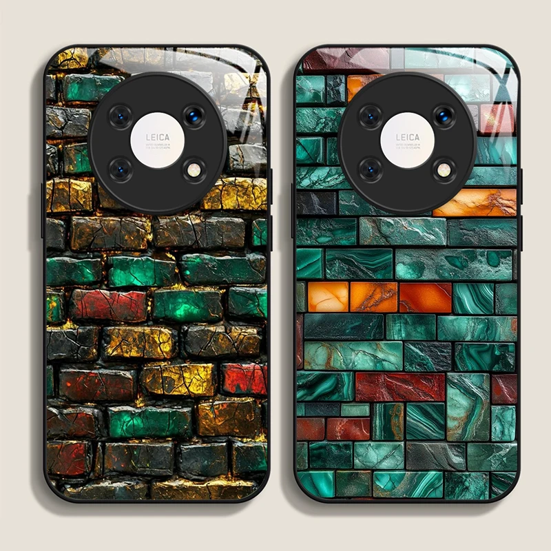 Colorful Brick Texture Printed Tempered Glass Phone Case for Huawei Nova 13 12 11 10 SE Mate 60 50 40 Pro+ P60 P50 P40 5G Cover