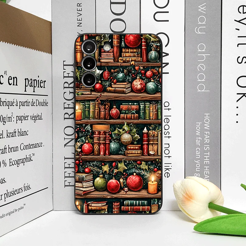 Christmas Decorations Bookshelf Book Print Phone Case for Samsung Galaxy S25 S24+ S23 Ultra S22 Plus S21FE M53 M34 5G Soft Cover