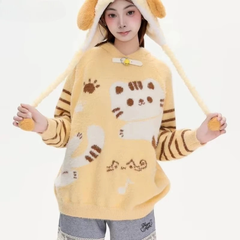 Harajuku Cartoon Cat Jacquard Knitted Coat Autumn Winter Grunge Loose Hooded Sweater Y2k Aesthetic Casual Kawaii Cute Pullover