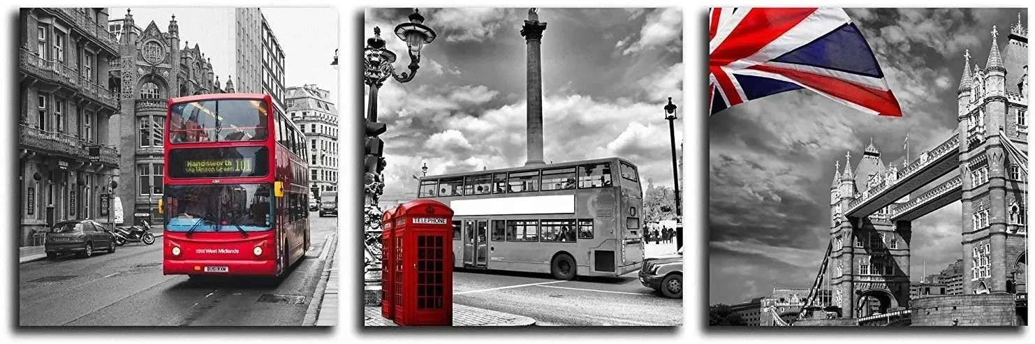 Modern Prints Red Bus On London Street Black And White Wall Art Union Jack Decor Paintings On Canvas For Home Décor