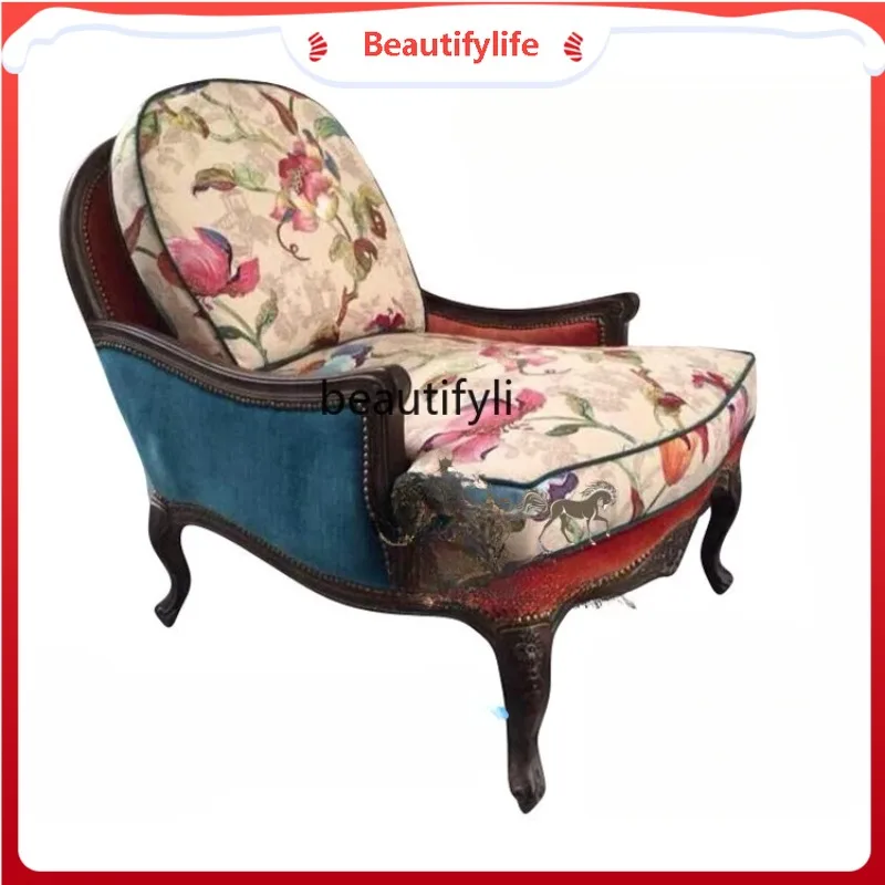 A44 البلد الأمريكي أريكة خشبية صلبة كرسي النسيج الأوروبي عالية الظهر كرسي مجنح غرفة المعيشة الفرنسية أريكة واحدة كرسي الاستجمام