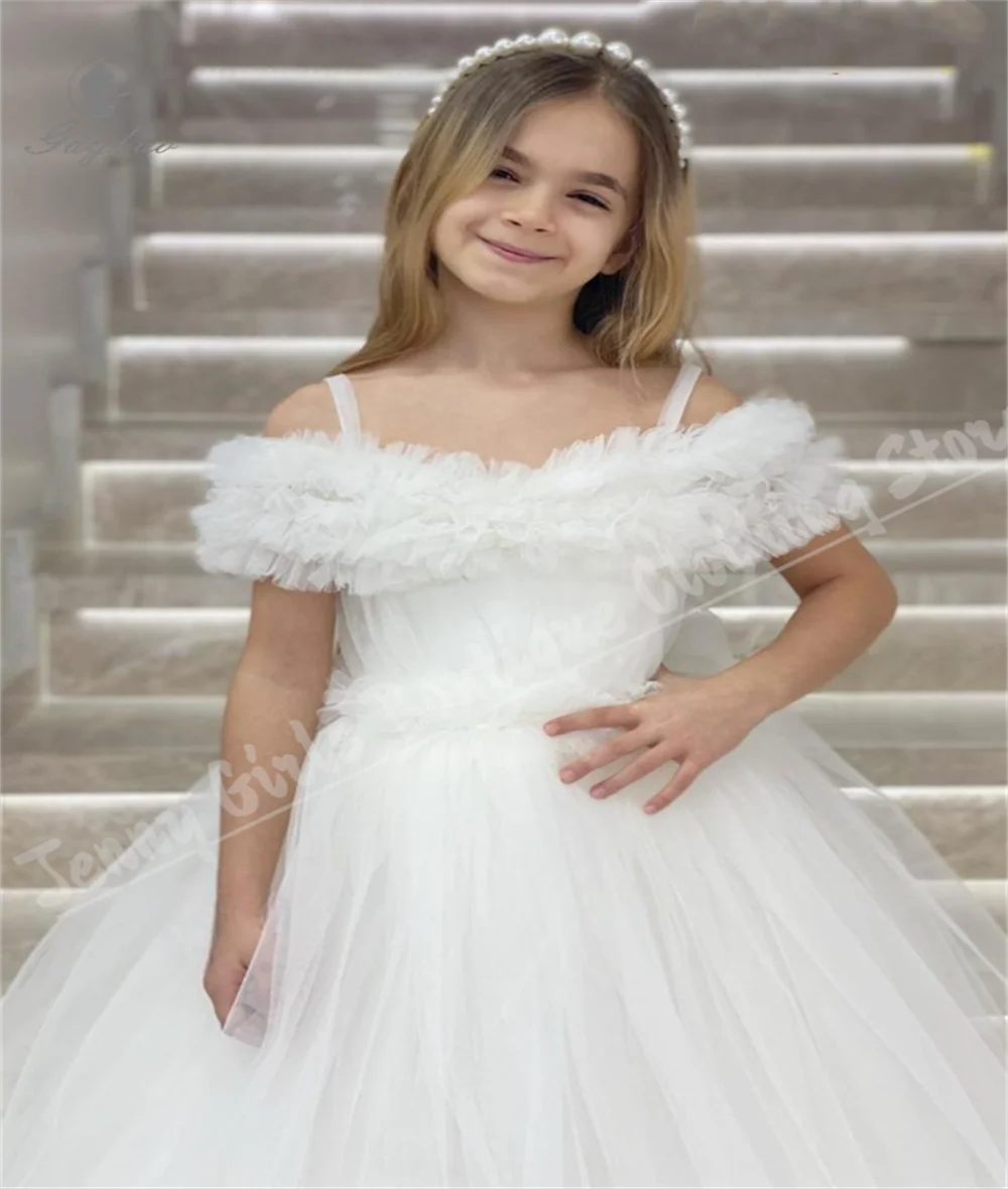

Custom White Girls' Prom Dress Fluffy Spaghetti Straps Mesh Elegant First Communion Dress For Children's Birthday