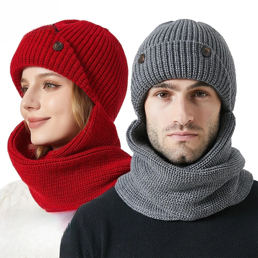 fashion-winter-new-korean-button-flanged-solid-color-hat-scarf-one-piece-knitted-hat-men's-and-women's-outdoor-warm-wool-hat