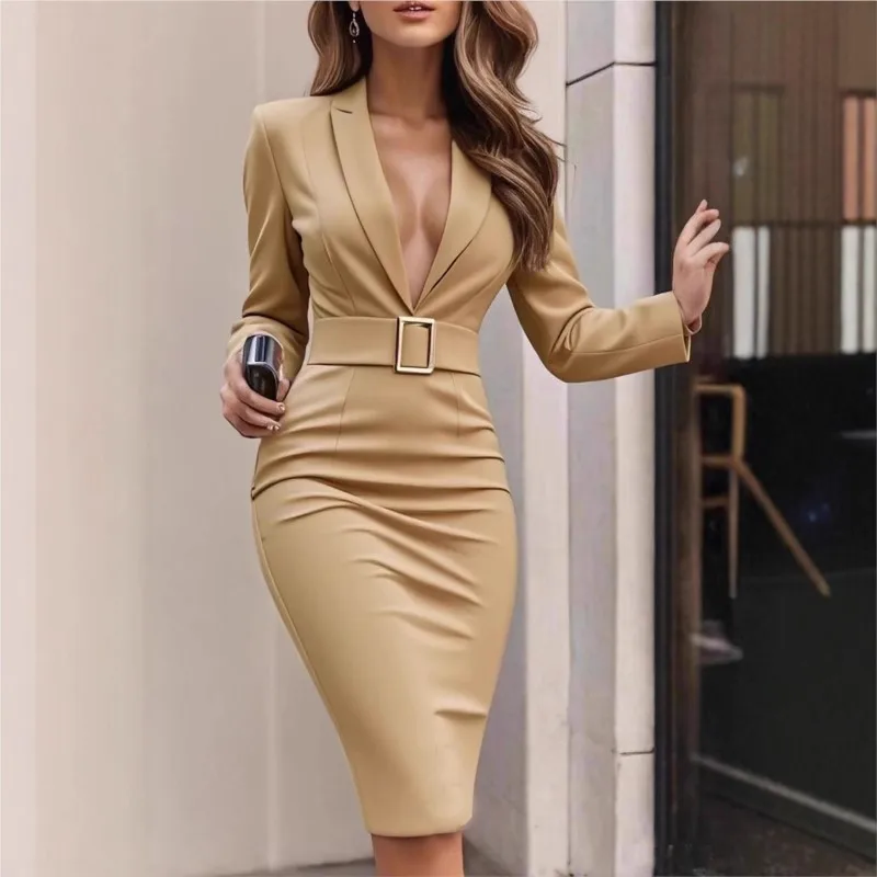 Feminino elegante envoltório hip vestidos profundo decote em v midi vestido de manga longa cor sólida cinto rendas vestidos commuter escritório