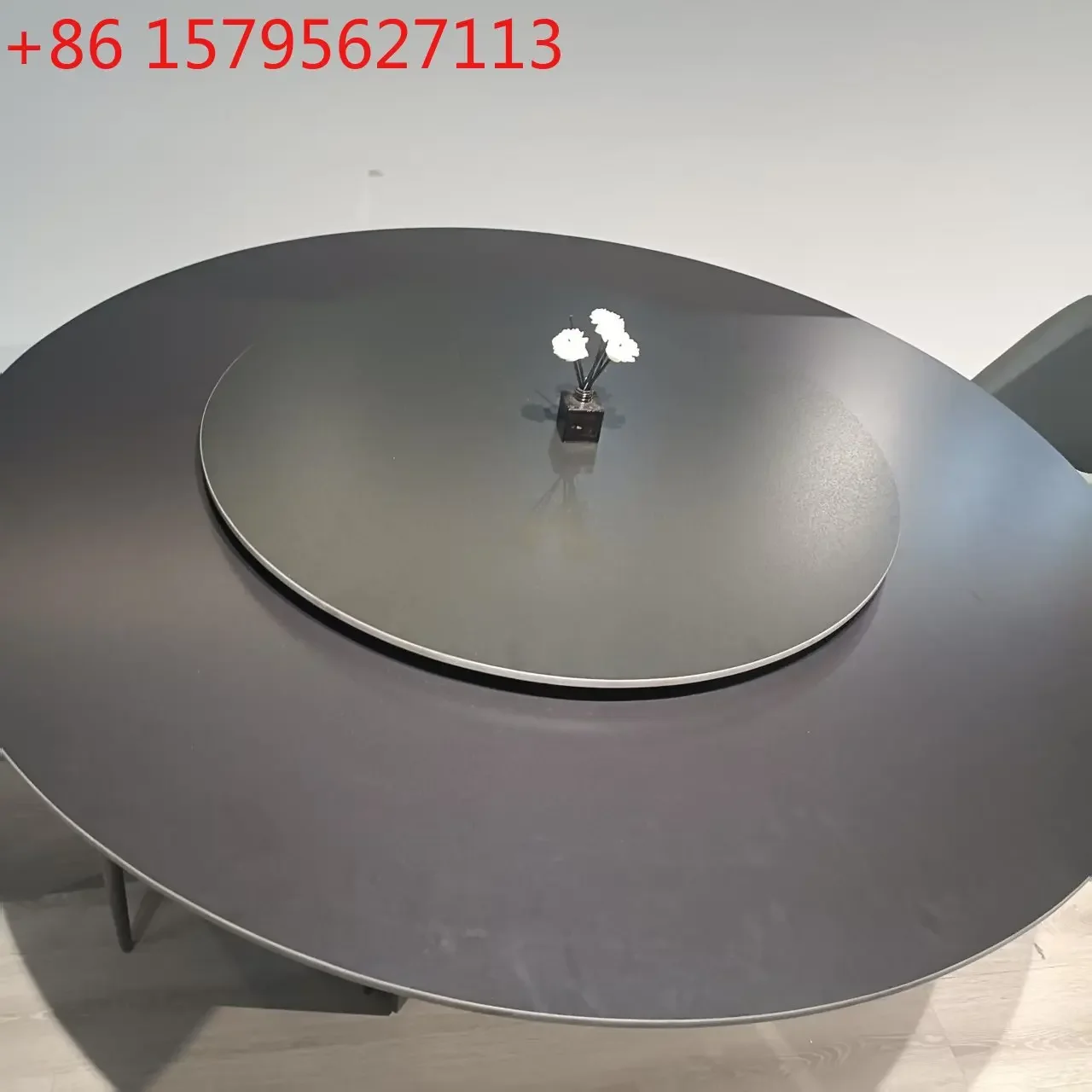 Designer black rock slab dining table round table with turntable round rotating round home