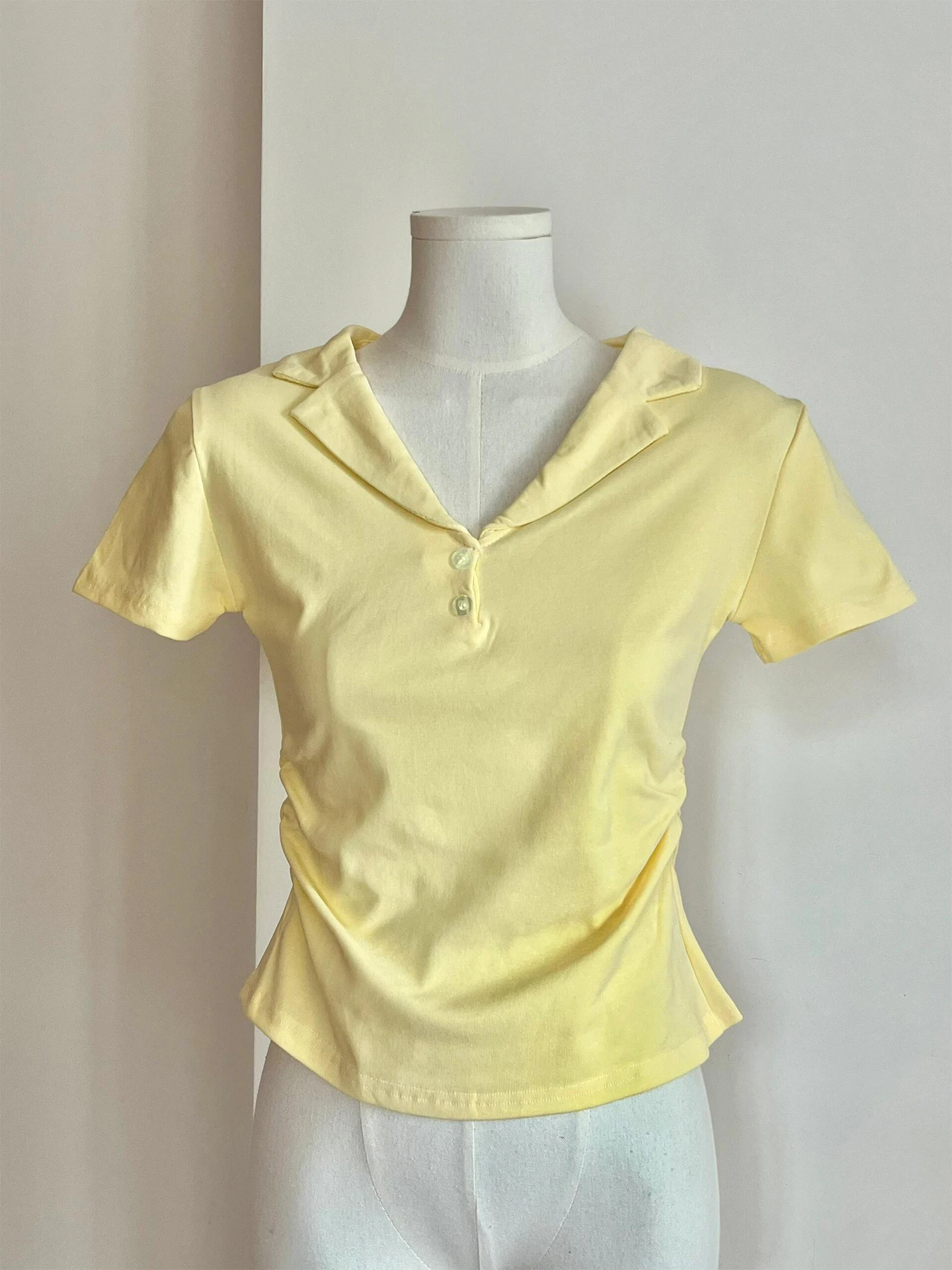

Yellow Ne ort Sve T-irt Women's Slim Fit Waist Cinched Turn-down Collar Summer Top Korean Sle Commute Wind