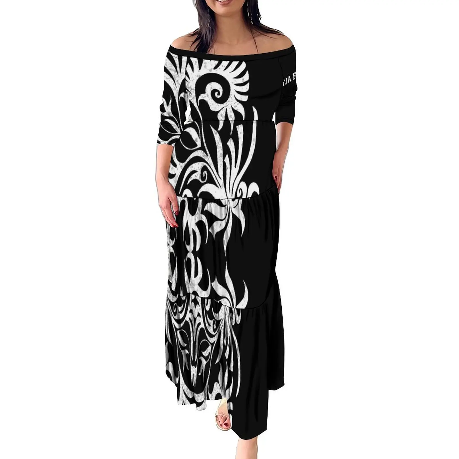 Black And White Printing Tiered Dress Ladies Fabrics Anti-wrinkle Design Custom Polynesian Elegant Evening Fishtail Dresses