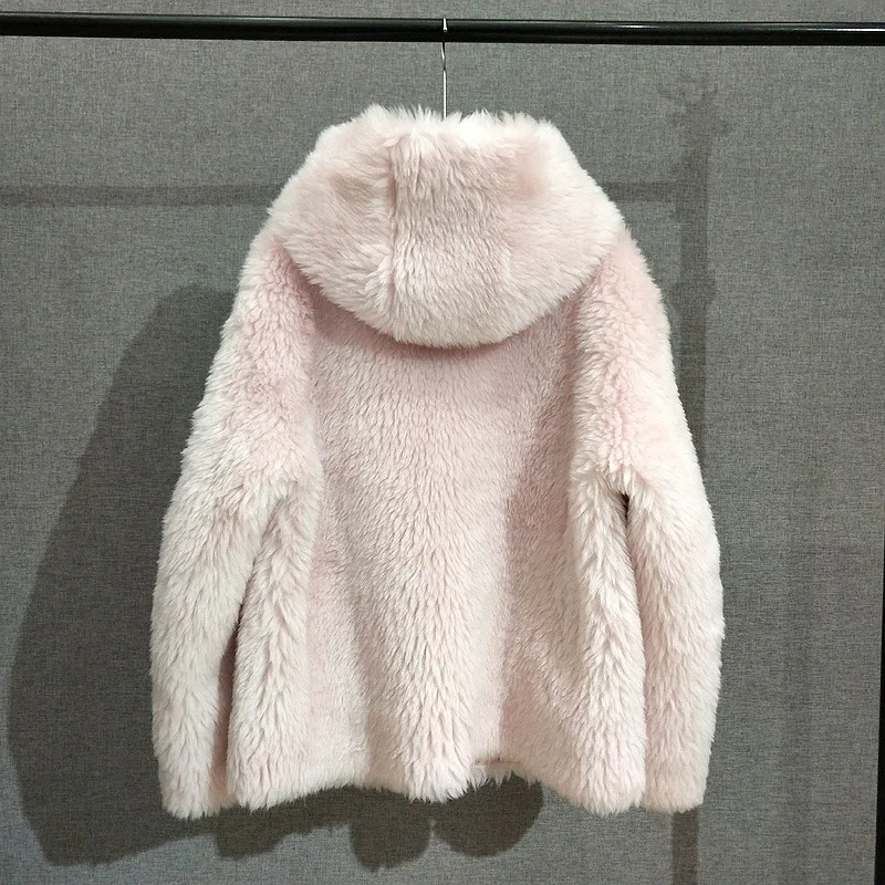 Casaco feminino com capuz com botões de pérola, 100% lã de cordeiro, jaqueta de pele de ovelha shearling, sobretudo espessante, PT412