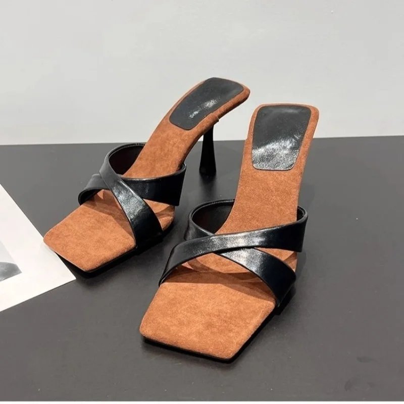 2025 New Women's High Heels Sandal Square Head Cross Strap One Line Thin Heel Suitable  Wearing Outdoor Slippers