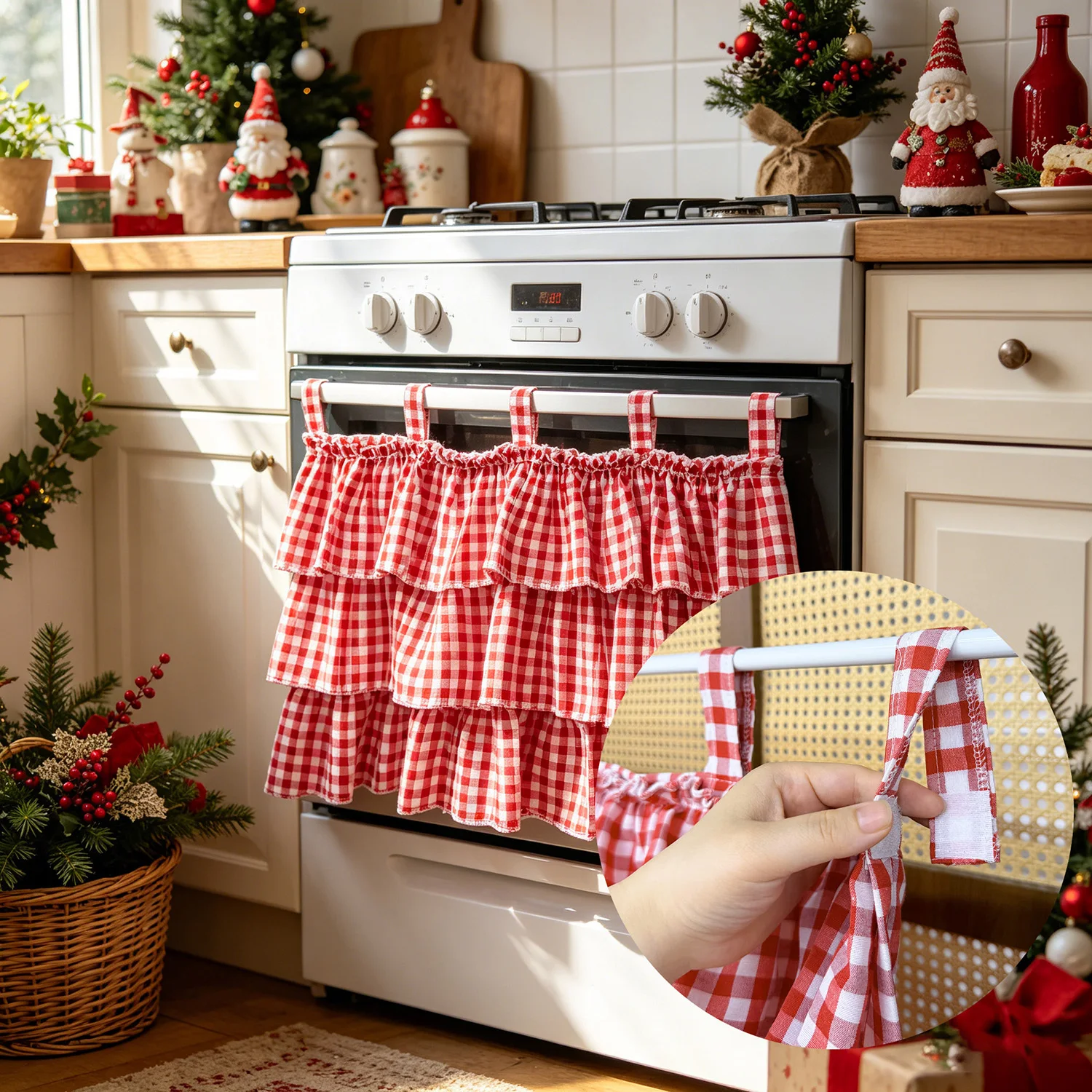 Red Gingham Ruffled Valance Curtain Detachable Tab Top Short Window Half Curtain for Oven Cabinet Christmas Kitchen Decor