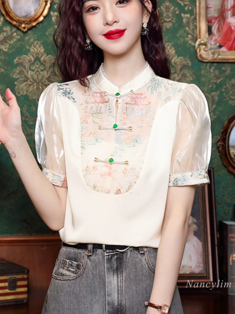 New Chinese Women's Short-Sleeved Chiffon Shirt Summer Blouse 2024 New Han Chinese Clothing Match Horse-Face Skirt Top Blusas