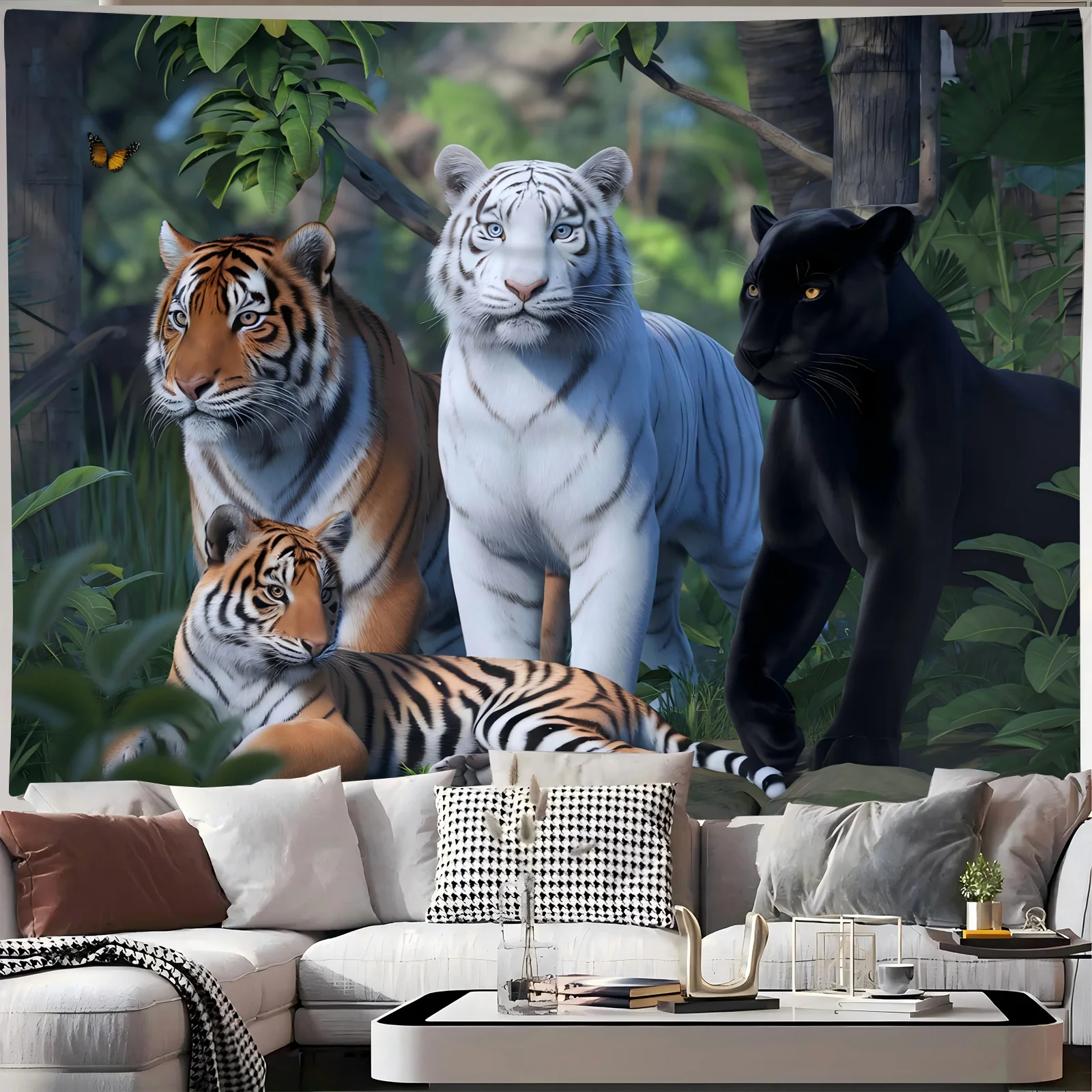 1pc Three Tigers And A Panther Tapestry Three Tigers And A Panther Print Wide Wall Hanging Tapestry For Bedroom Living Room Dorm