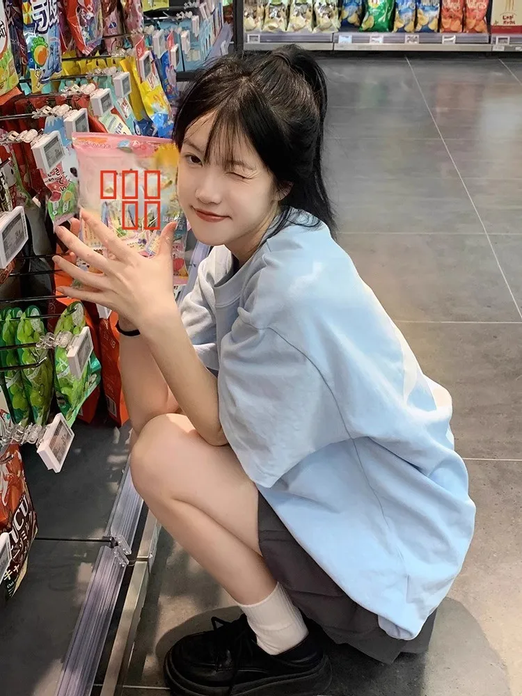 Übergrößen Schwergewichts-T-Shirt aus Reiner Baumwolle für Herren, Locker Geschnitten, Sommerliches Blaues Print-Oberteil für Sommerkleidung