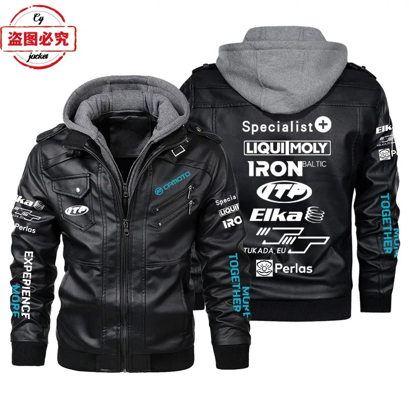 CFMOTO motorcycle LOGO washed pu leather jacket windproof men's hooded jacket CFMOTO team uniform leather jacket