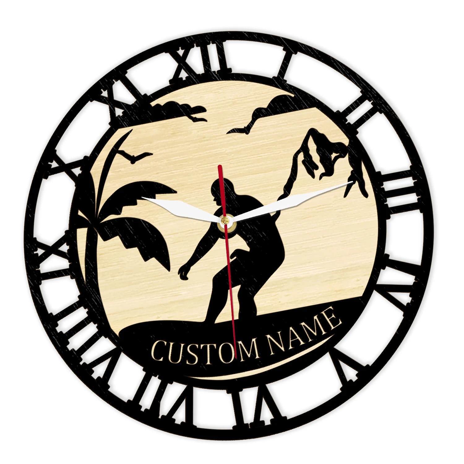 Custom Wave Surfing Woodcraft Wall Clock Personalized Surfer Name Riding Wave Name Wooden Wall Clock Surfboard Home Decor Watch