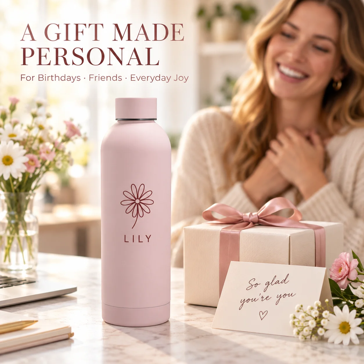 Custom Name Insulated Water Bottle Stainless Steel 500ml 750ml Personalized Gift for Women Men Work Fitness and Outdoor Travel