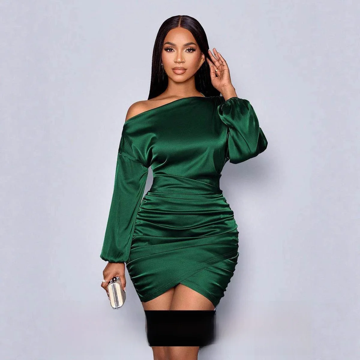 

Sexy Cross-Border Long Sleeve Satin Dress Shoulder Bridesmaid Dress Women's Fashion Spring New Style Elegant Gown