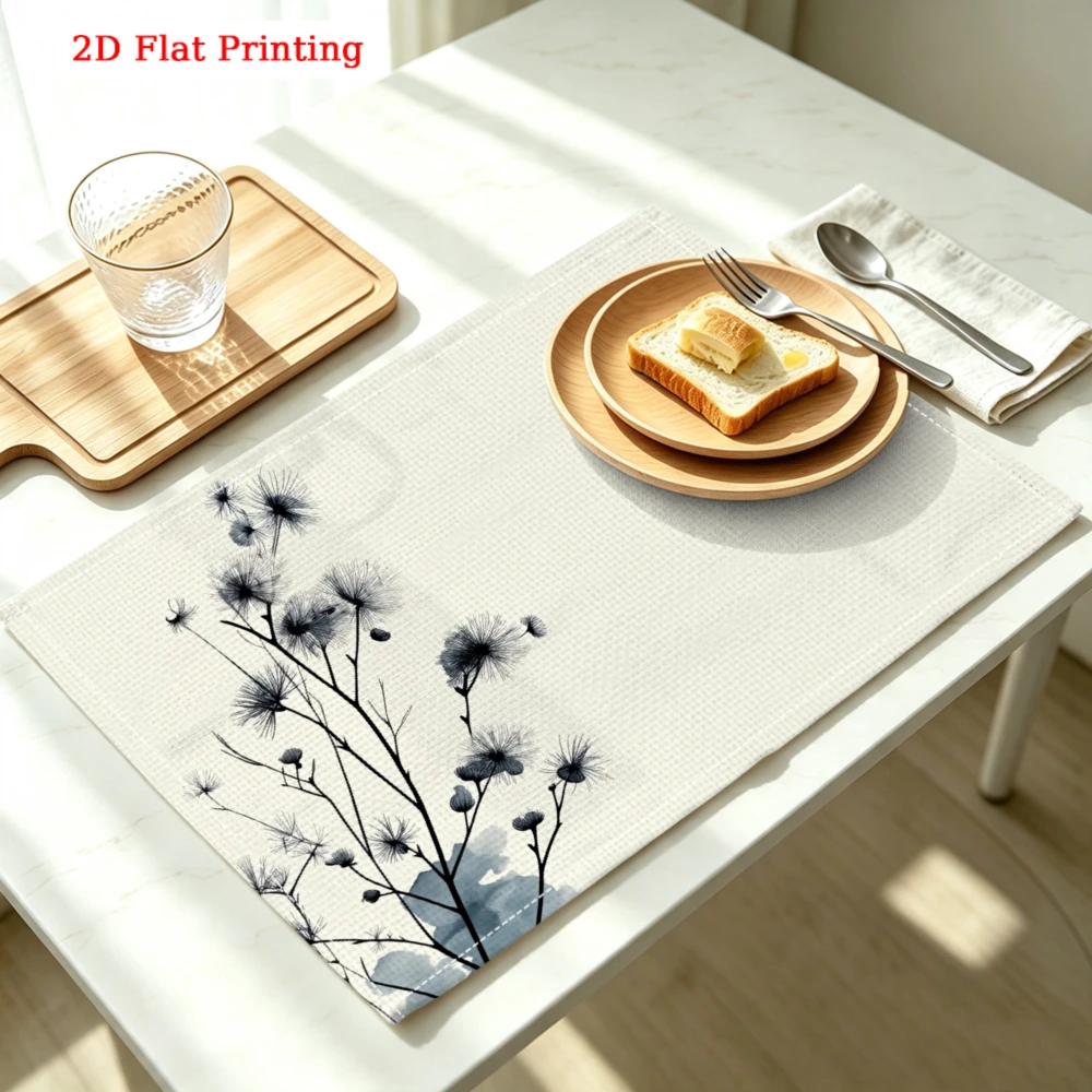 Blue Floral Print Kitchen Placemat Blue Floral Branches Linen Pad Dish Coffee Cup Table Mat 1PC 30x40cm