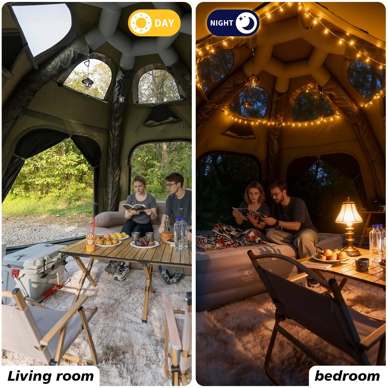 142 خيام تخييم قابلة للنفخ على شكل قبة مربعة الشكل للعائلة، خيمة تفجير من القطن في 4 فصول مع مظلة، فتحة مدخنة، فتحة تيار متردد