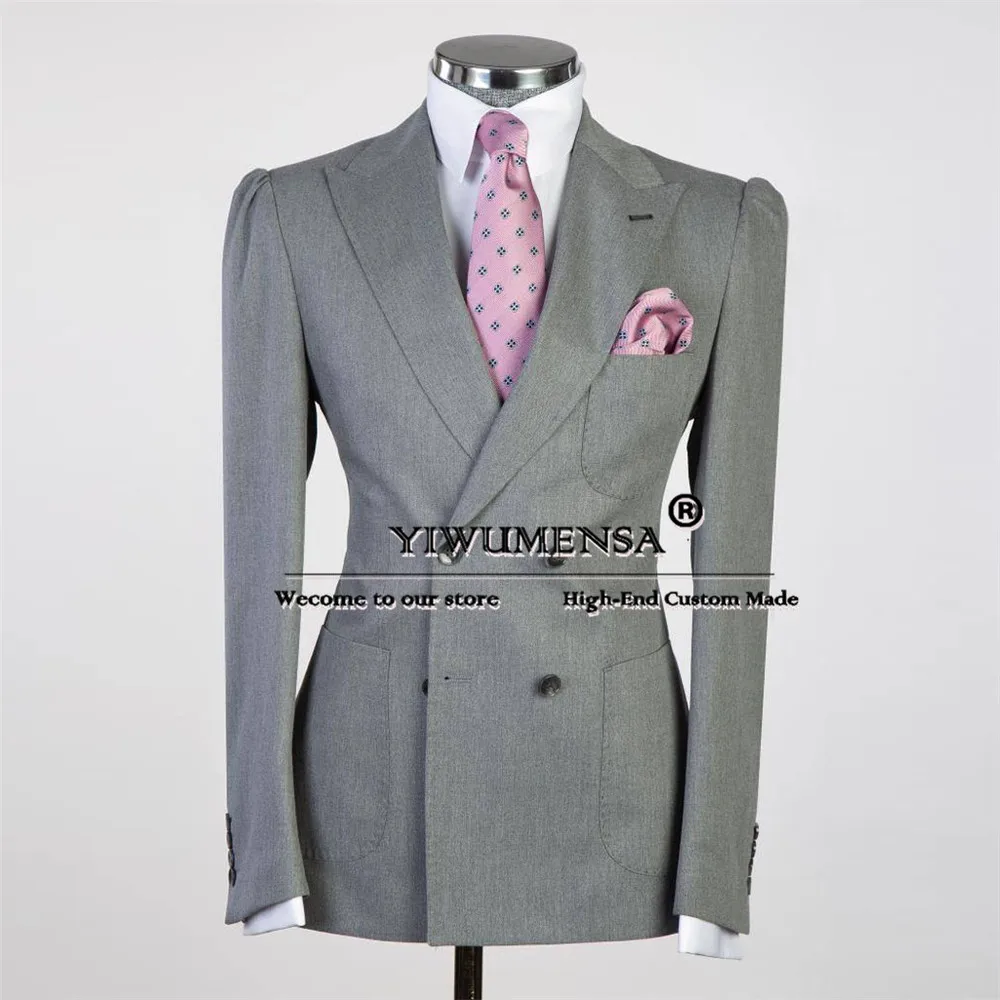 

Man Classic Business Grey Suits Slim Fit Double Breasted Solid Jacket Pants 2 Pieces Bridegroom Wedding Tuxedos Men Marriage Set