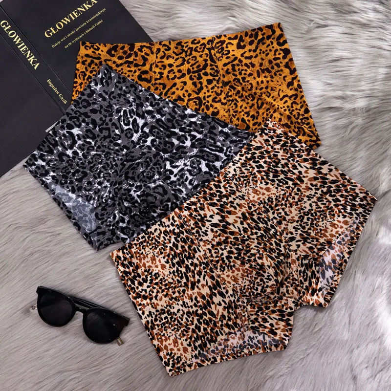 Fashion Leopard Printing Boxershorts Breathable Ice Silk Men\'s Underwear 3D Pouch Shorts Underpants Seamless Male Boxer Pants