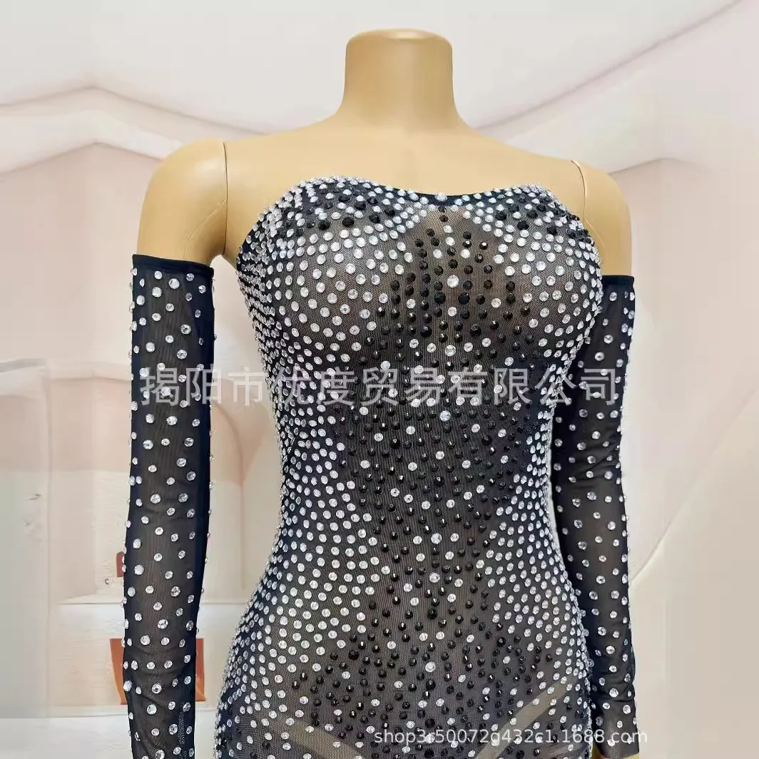 Premium Black Off-the-shoulder Sleeves DJ Reception Trailing Glam Sparkling Mesh Rhinestone Birthday Night Galaxy Party Dresses