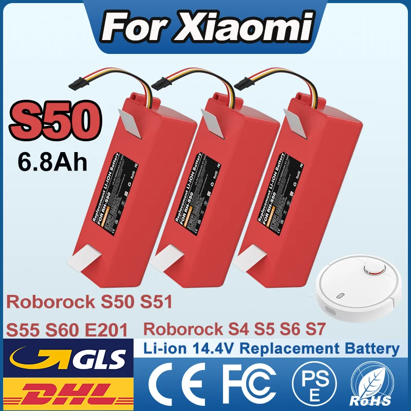 6,8Ah 14,4V Akku für Xiaomi S50 Roboterstaubsauger Ersatzakku für Xiaomi Roborock S55 S60 S65 S50 S51 S5 S6 S7