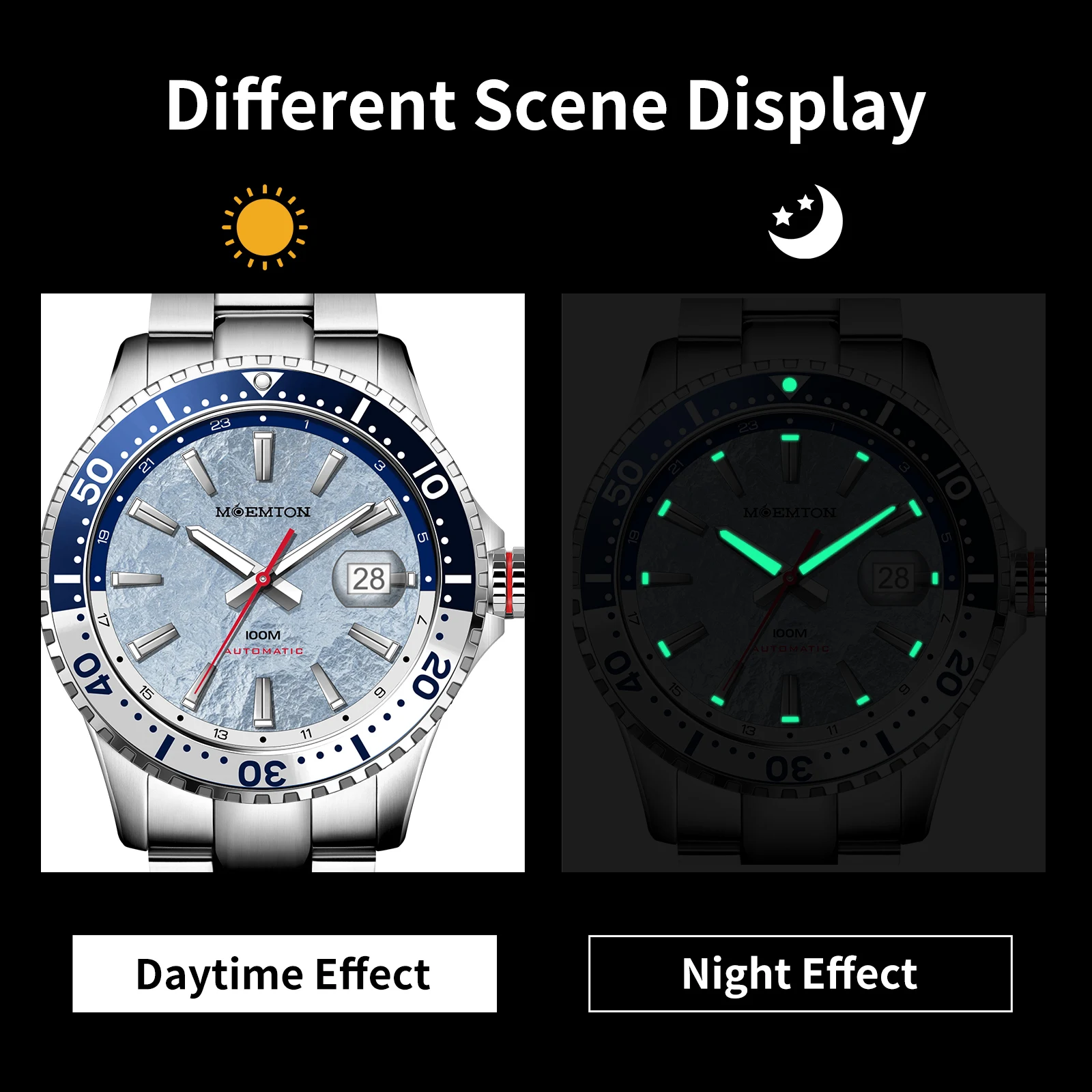 MOEMTON мужские автоматические механические часы 10 бар водонепроницаемые модные сапфировые светящиеся часы для дайвинга со стальной полосой наручные часы
