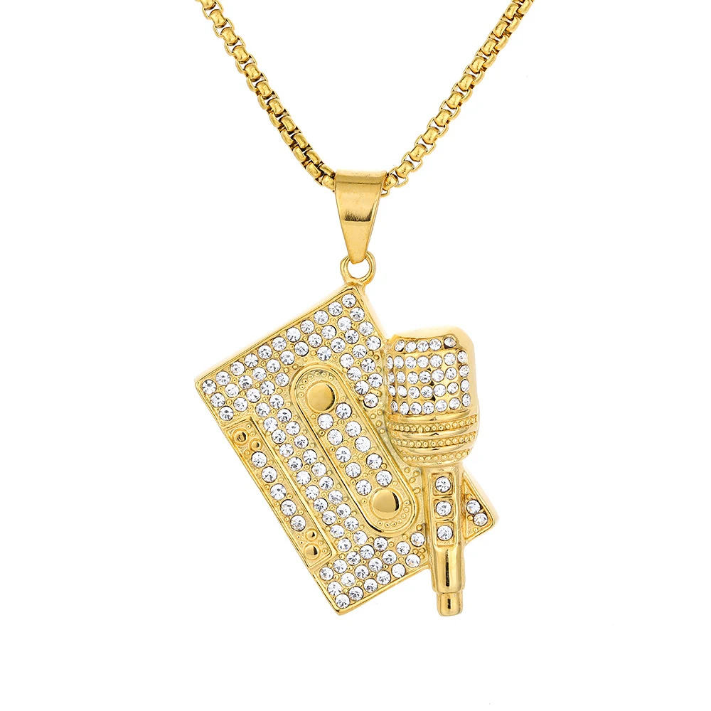 

Hip Hop Iced Out Cassette Tape Microphone Pendant Gold Color Stainless Steel Music Necklace Men Hiphop Punk Rock Rapper Jewelry