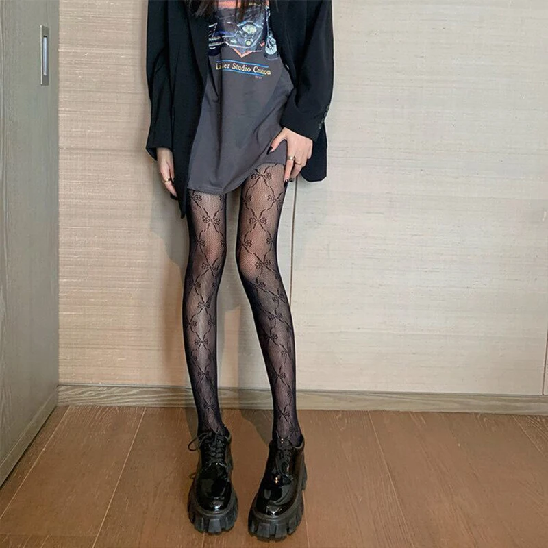 Simple Classic Fashion Tights Sheer Hollowed Lace Fishnet Patterned Tights Retro Floral Vine Solid Sexy HIgh Waist Hosiery