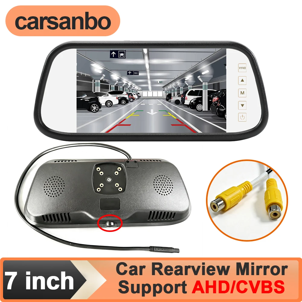 Carsanbo 7 Zoll IPS-Bildschirm Auto-Monitor Innenrückspiegel 2-Kanal-Videoeingang für AHD & CVBS Parkkamera Universal
