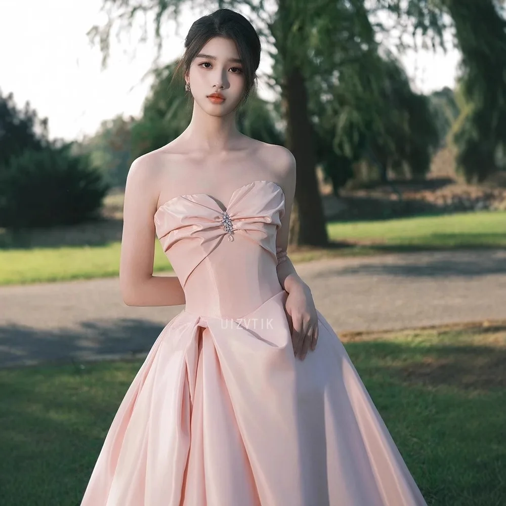 Элегантное розовое длинное вечернее платье трапециевидной формы без бретелек, атласные платья для выпускного вечера для девочек, платье принцессы Quinceanera, Vestidos De Gala Custom