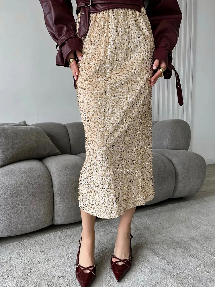 

Linad Elegant Champagne Sequined Long Skirts Woman Office Lady Straight Midi Skirt Fashion High Waist Zipper Skirts 2025 Autumn