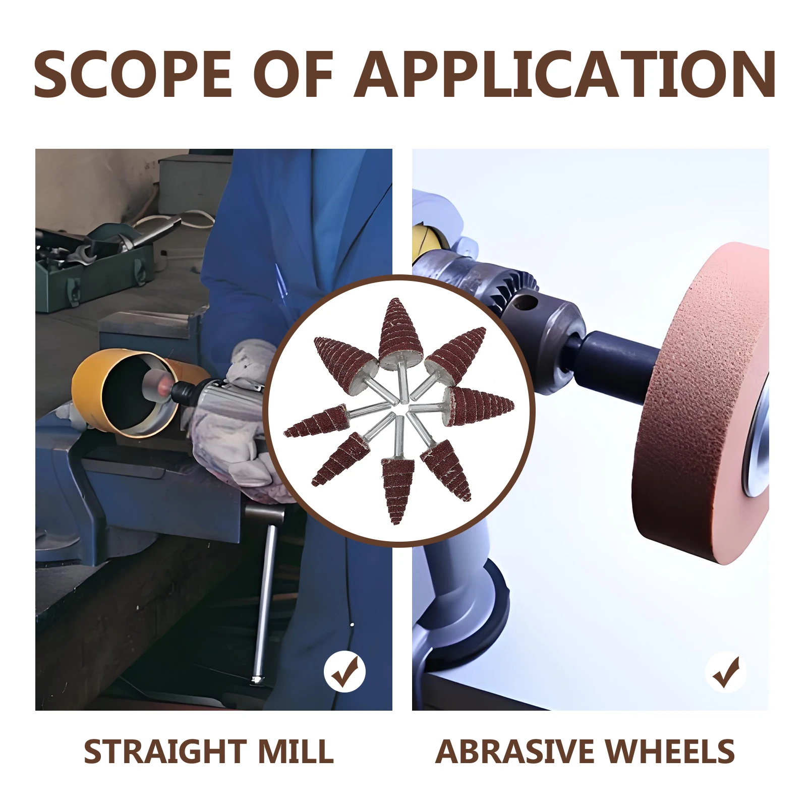 

8 шт., комплект электрических шлифовальных головок, 6 мм, лепестковые диски с хвостовиком, ассортимент наждачной бумаги, конусообразные абразивные вращающиеся инструменты, полировальные шлифовальные машины