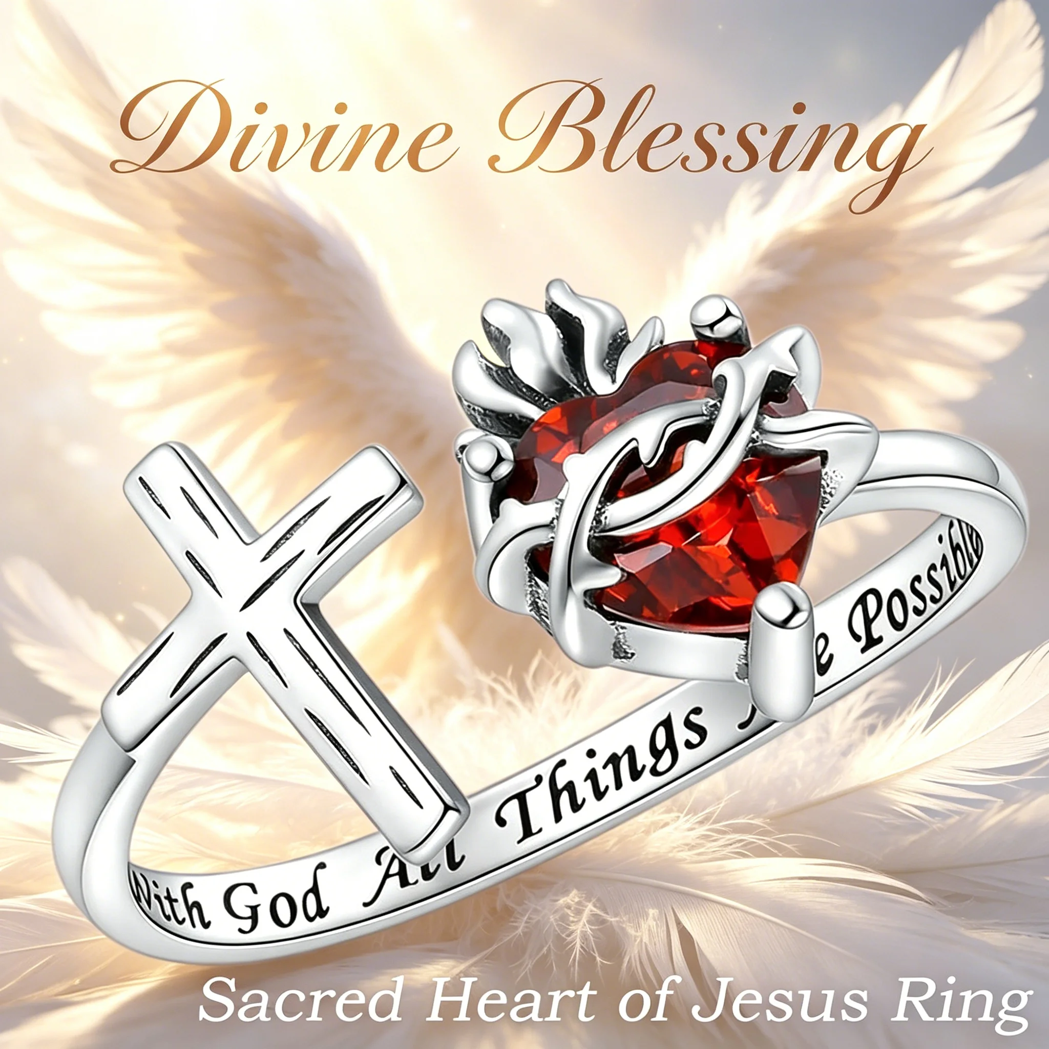 Silvery Zinc Alloy Sacred Heart of Jesus Open Ring Red Faux Crystal Cross Christian Religious Jewelry for Men Women Faith Gift
