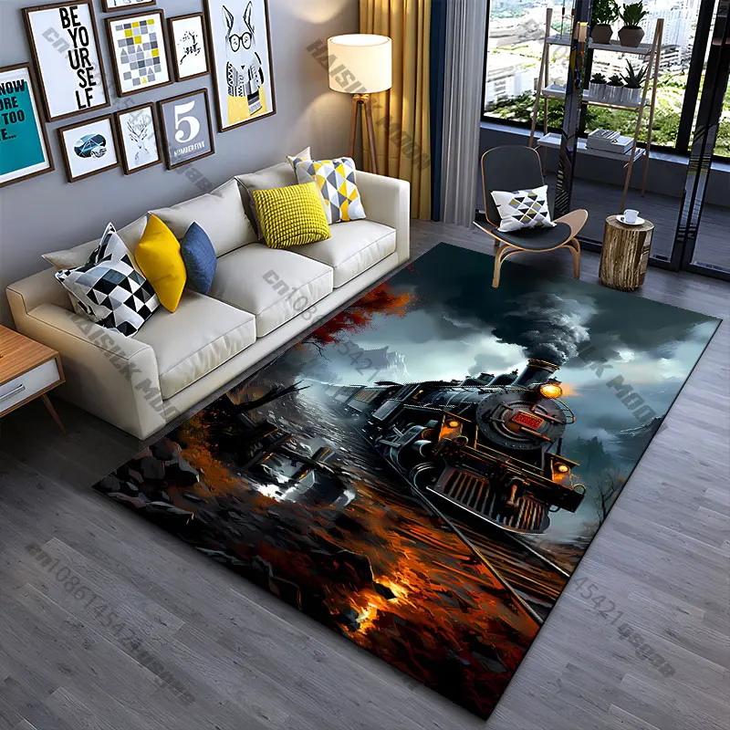 Steam locomotive amidst autumn scenery carpet Yoga living room room decor children's crawling mat doormat area rug