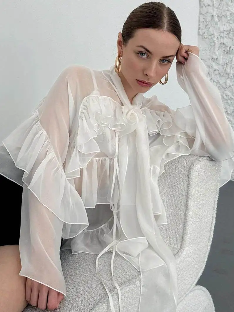 

Ele Women's French Ruffle Top Summer V-Ne Tensel irt Long Sve Commute Sle Mid-Length Pure Color Office Faion
