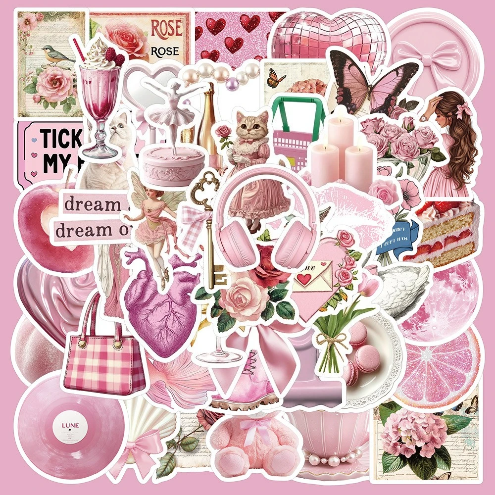 50pcs Pink Aesthetics Stickers for Phone Case Laptop Notebook Suitcase Skateboard DIY Aesthetic Stickers