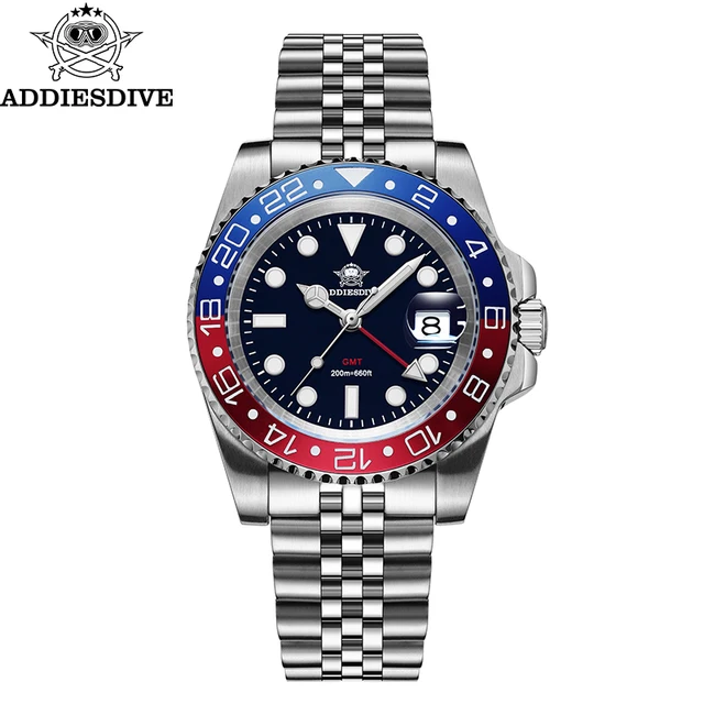 Relógio Masculino ADDIESDIVE AD2050 GMT com Movimento Suíço Ronda 515-24 BGW9 Super Luminoso, 20 Bar à Prova d'Água, Relógio de Quartzo em Aço Inoxidável 316L