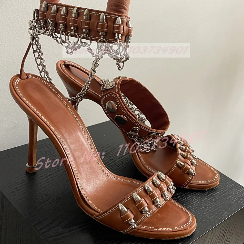 Metal Bullet Cowgirl Sandals Women Fashion Round Toe Ankle Strap High Heels Brown Shoes Ladies Elegant Novelty Open Toe Sandals