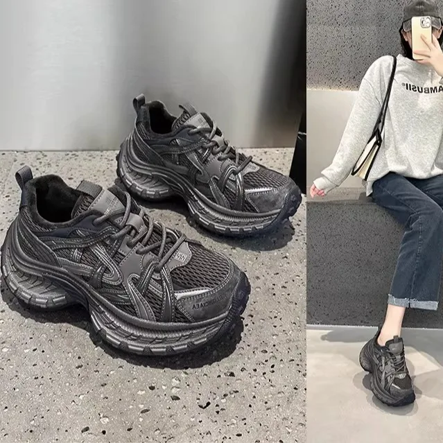 

Women's Dad Shoes Thick Bottom 8cm Genuine Leather Retro Durian Style Streetwear Casual Shoes Breathable Mesh round Toe