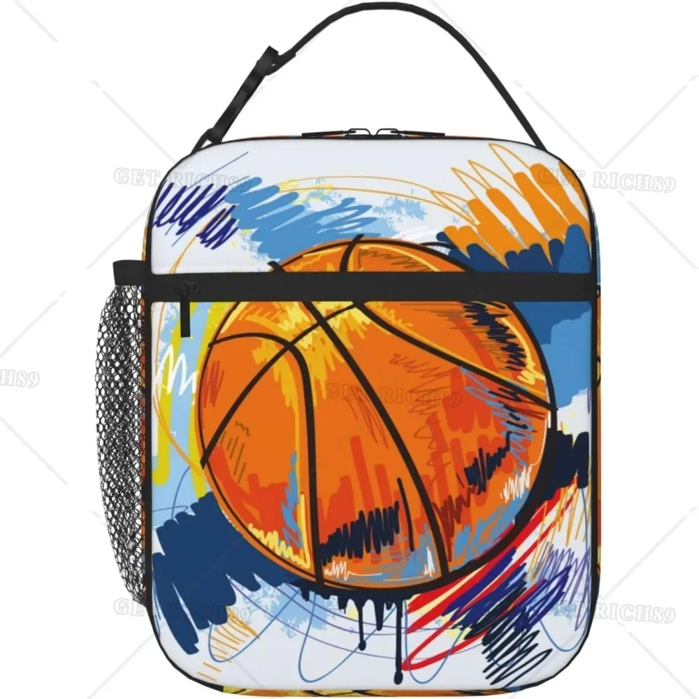 Basketball Insulated Reusable Lunch Bag for Kids Girls Boys Women Men, Durable Cooler Lunchbox for Work/Office/School/Picnic