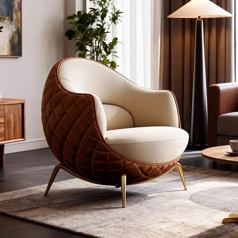 Retro French single sofa chair rhombus plaid texture leather arc