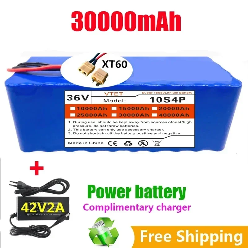 2024 New 36V 40Ah 10S4P XT60 Battery Pack 1000W High Power Battery High Quality 18650 Battery BMS+42V Charger DIY Production