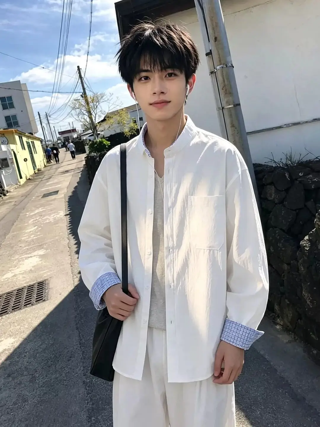White Plaid Splice Stand Collar Long Sleeve Men's Casual Shirt Autumn Season Color Collision Lightweight Outerwear