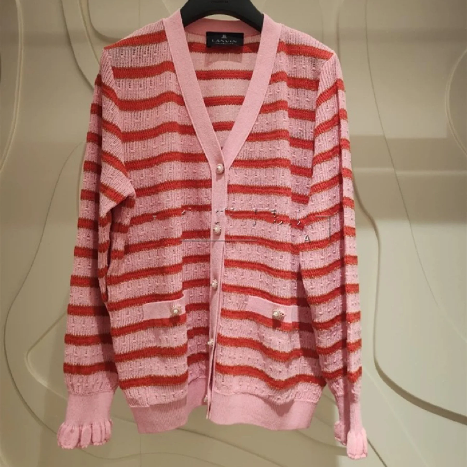 

LANVN вязаный открытый кардиган V-Ne, свободный крой, полосатый дизайн, цвет Blo Ele Faionable, осень 2024, женский свитер