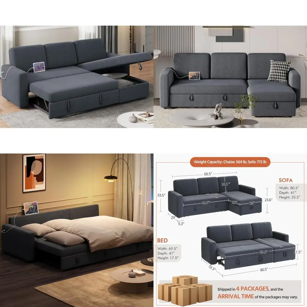 

L-Shaped Sectional Sofa Couch Bed with Chaise, USB Port, Reversible Sleeper, Pull Out Bed, and Storage Space for Living Room