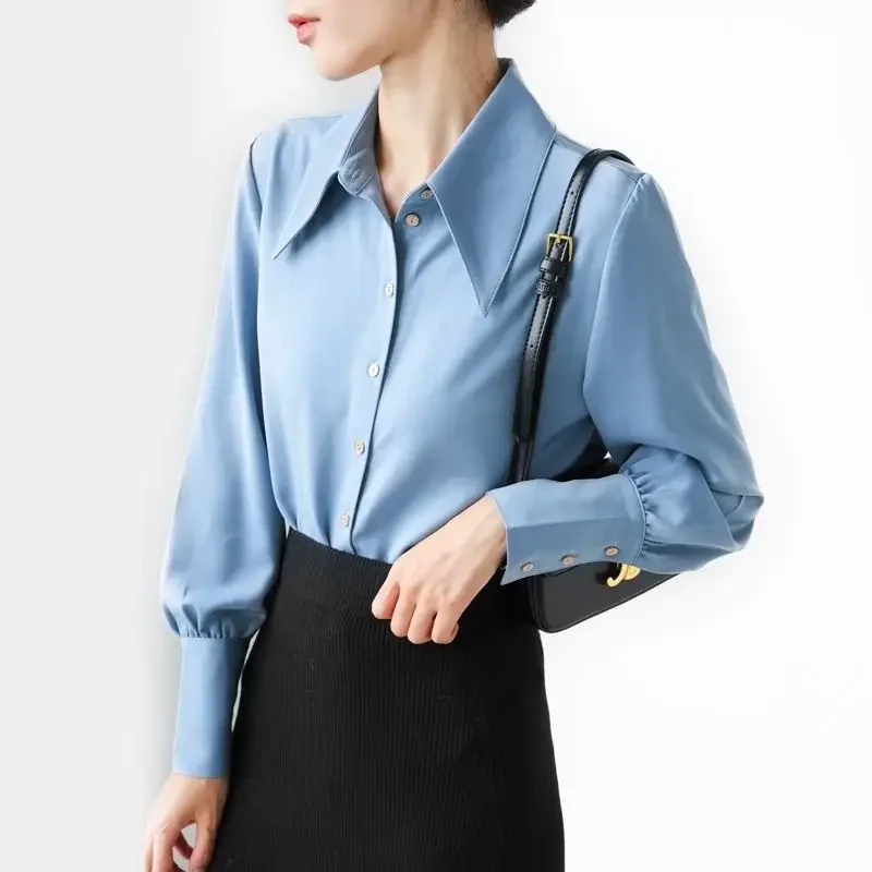 Spring and Autumn Women\'s Solid Pointed Collar Long Sleeve Single Breasted Satin Shirt Fashion Casual Formal Office Lady Tops